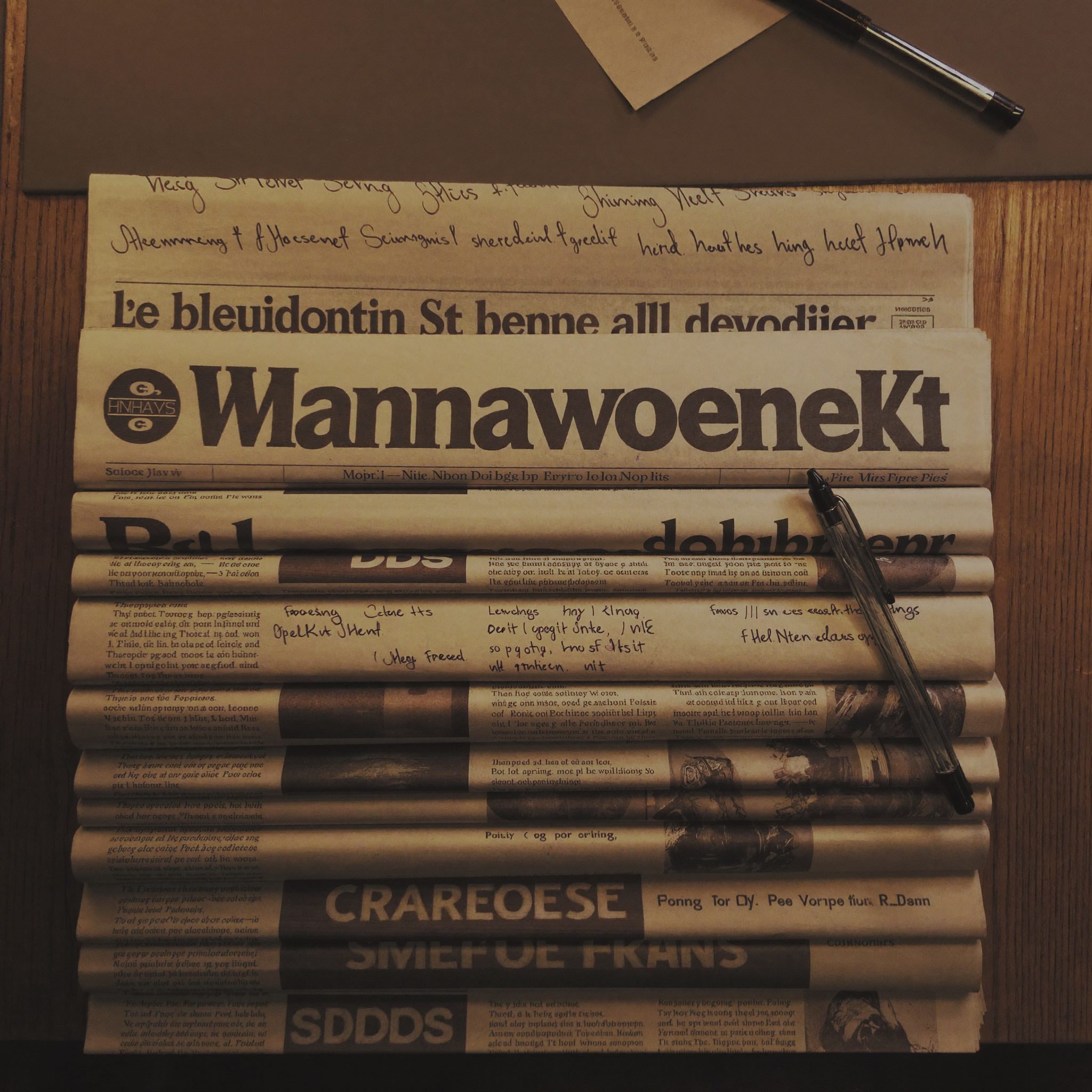 A stack of newspapers beside handwritten correction notes on a desk